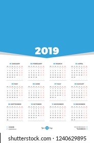 Calendar design template for 2019 year. Week starts on Monday. Stationery design. Vector calendar poster with place for photo