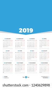 Calendar Design Template for 2019 Year. Week starts on Monday. Stationery Design. Vector Calendar Poster with Place for Photo
