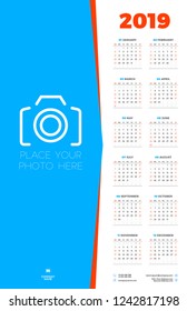 Calendar design template for 2019 year. Week starts on Sunday. Stationery design. Vector calendar poster with place for photo