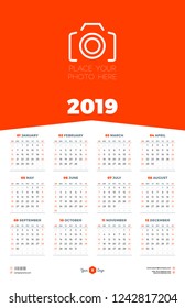 Calendar design template for 2019 year. Week starts on Sunday. Stationery design. Vector calendar poster with place for photo