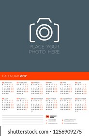 Calendar design template for 2019 year. Week starts on Monday. Stationery design. Vector calendar poster with place for photo