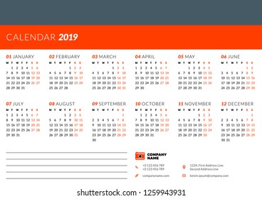 Calendar design template for 2019 year. Week starts on Monday. Stationery design