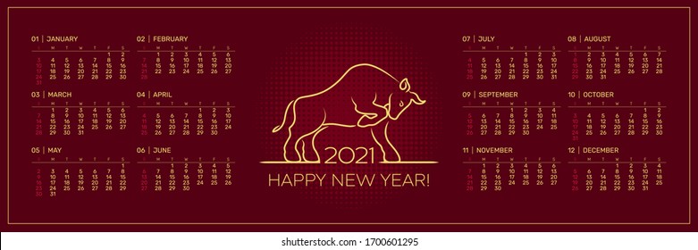 Calendar design template for 2021. New Year the white metal bull. Deep red backgroung and gold line. Chinese New Year 2021. Zodiac sign