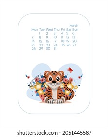 Calendar design template for 2022 year of blue Tiger Chinese new year. march Vector stock flat illustration. Cartoon months for calendar