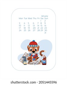Calendar design template for 2022 year of blue Tiger Chinese new year. january Vector stock flat illustration. Cartoon months for calendar