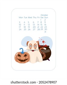 Calendar design template for 2022 year of blue Tiger Chinese new year. October Vector stock flat illustration. Cartoon months for calendar