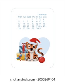 Calendar design template for 2022 year of blue Tiger Chinese new year. December Vector stock flat illustration. Cartoon months for calendar