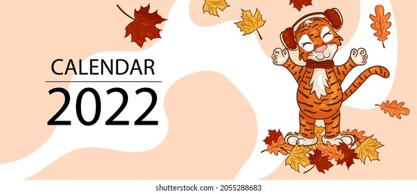 Calendar design template for 2022, the year of the tiger according to the Chinese or Eastern calendar, with an illustration of the tiger. Horizontal table with calendar for 2022. Vector