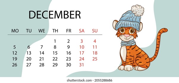 Calendar design template for 2022, the year of the tiger according to the Chinese or Eastern calendar, with an illustration of the tiger. Horizontal table with calendar for 2022. Vector