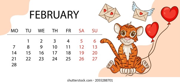 Calendar design template for 2022, the year of the tiger according to the Chinese or Eastern calendar, with an illustration of the tiger. Horizontal table with calendar for 2022. Vector