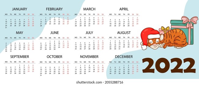 Calendar design template for 2022, the year of the tiger according to the Chinese or Eastern calendar, with an illustration of the tiger. Horizontal table with calendar for 2022. Vector