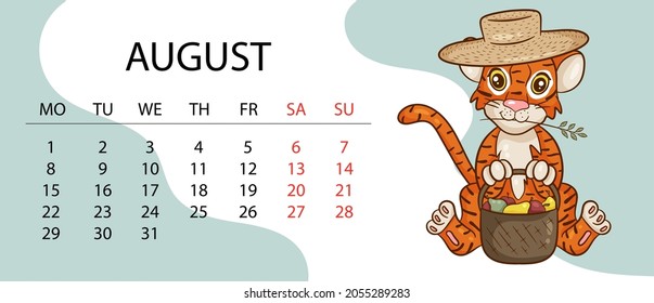 Calendar design template for 2022, the year of the tiger according to the Chinese or Eastern calendar, with an illustration of the tiger. Horizontal table with calendar for 2022. Vector