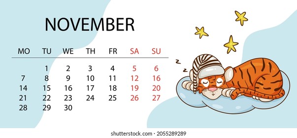 Calendar design template for 2022, the year of the tiger according to the Chinese or Eastern calendar, with an illustration of the tiger. Horizontal table with calendar for 2022. Vector