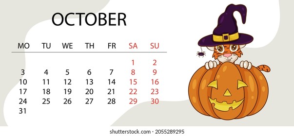 Calendar design template for 2022, the year of the tiger according to the Chinese or Eastern calendar, with an illustration of the tiger. Horizontal table with calendar for 2022. Vector