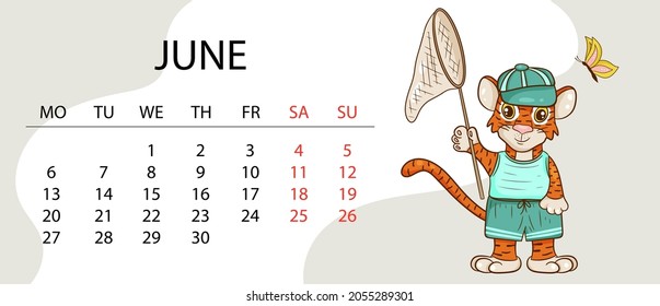 Plantilla de diseño de calendario para 2022, el año del tigre según el calendario chino u oriental, con una ilustración del tigre. Tabla horizontal con calendario para 2022. Vector