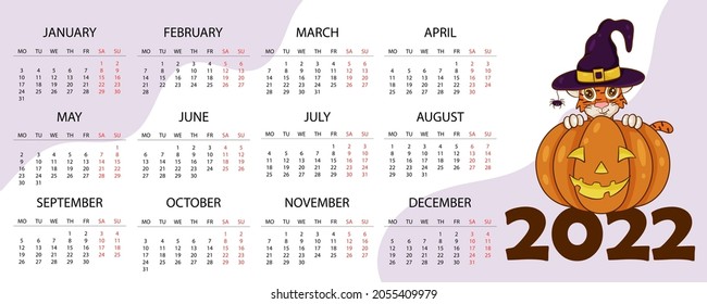 Calendar design template for 2022, the year of the tiger according to the Chinese or Eastern calendar, with an illustration of the tiger. Horizontal table with calendar for 2022. Vector