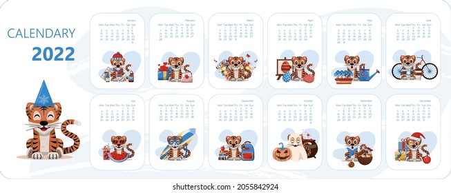 Calendar design template for 2022 year of blue Tiger Chinese new year. Vector stock flat illustration. Cartoon months for calendar