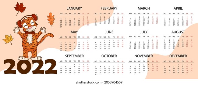 Calendar design template for 2022, the year of the tiger according to the Chinese or Eastern calendar, with an illustration of the tiger. Horizontal table with calendar for 2022. Vector