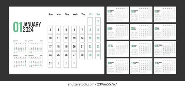 calendar design template 2024 in a classic new. week start on sunday 