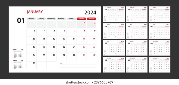 calendar design template 2024 in a classic new. week start on sunday 