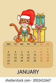 Calendar design template for January 2022, the year of the tiger according to the Chinese calendar, with an illustration of tiger in Santa Claus hat with gifts. Table with calendar for January 2022. 