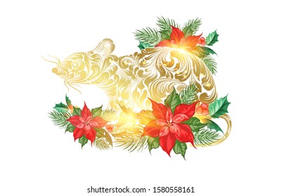 Calendar design template. Merry christmas simbol with poinsettia flowers. Vector illustration.