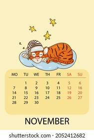 Calendar design template for November 2022, the year of the tiger according to the Chinese or Eastern calendar, with the image of tiger sleeping on a cloud. Table with calendar for November 2022. 