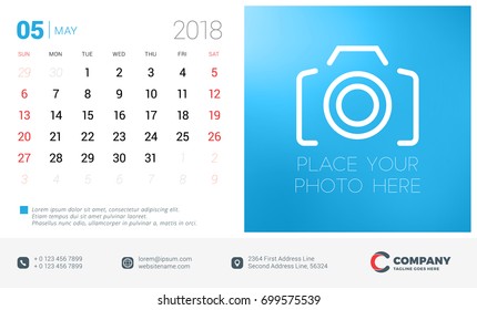 Calendar design template with place for photo. May 2018. Week starts on Sunday. Vector Illustration