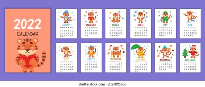Calendar design template for the year 2022, the year of the Tiger. The week starts on Sunday. Set of 12 pages and a cover with illustrations of Cute funny character little tiger cub.