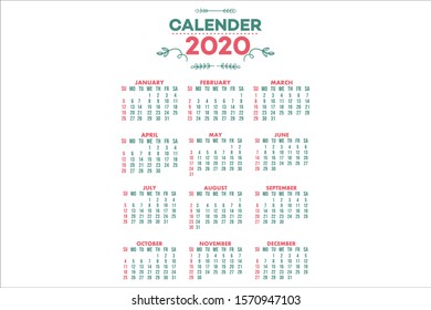 calendar design vector, calendar 2020 set january to december for printing, work, business, template calendar.