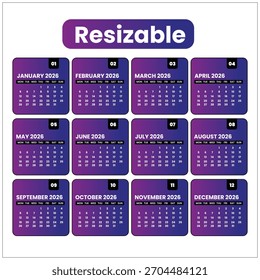 Calendar design vector, editable and resizable, 2026 Calendar design template