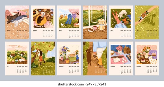 Calendar design for year, 12 months, seasons. Cute hygge style annual calender templates from january to december. Country nature, landscape, cozy home layouts for wall. Flat vector illustration