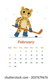 Calendar design for year 2022. Year of tiger to the Eastern Chinese calendar. Week starts on Sunday. Wall calendar template for February 2022. Tiger hockey player flat illustration.