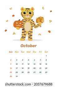 Calendar design for year 2022. Year of tiger to the Eastern Chinese calendar. Week starts on Sunday. Wall calendar template for October 2022. Tiger celebrating Halloween flat illustration.