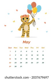 Calendar design for year 2022. Year of tiger to the Eastern Chinese calendar. Week starts on Sunday. Wall calendar template for May 2022. Tiger with balloons flat illustration.