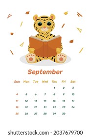 Calendar design for year 2022. Year of tiger to the Eastern Chinese calendar. Week starts on Sunday. Wall calendar template for September 2022. Tiger reading book, school time flat illustration.