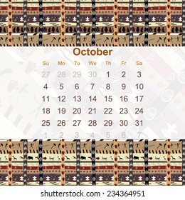 Calendar designed in the style of Tribal. 2015. October. Ethno. Vector illustration.