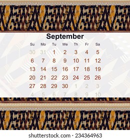 Calendar designed in the style of Tribal. 2015. September. Ethno. Vector illustration.