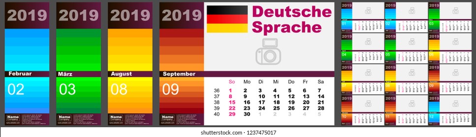 Calendar Deutsch 2019 standard US. German language week starts on Sunday, USA vector.