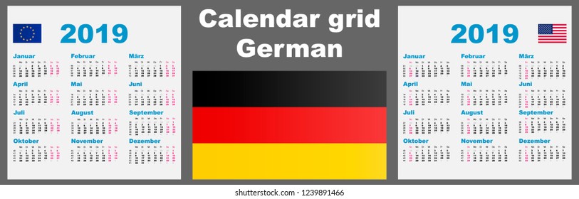 Calendar deutsche, german 2019 Set grid wall ISO 8601 Illustration template with week numbering. Vector