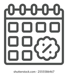 Calendar with discount date line icon, interest rate concept. Vector graphics. Appointment sign on white background, outline style icon for mobile or web design