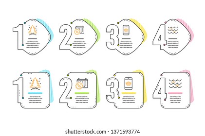 Calendar discounts, Christmas tree and Smartphone buying icons simple set. Waves sign. Shopping, Spruce, Website shopping. Water wave. Holidays set. Infographic timeline. Line calendar discounts icon