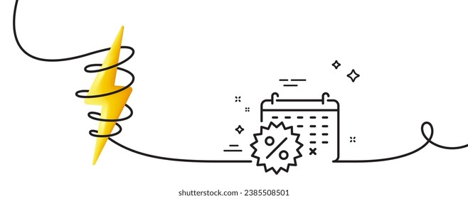 Calendar discounts line icon. Continuous one line with curl. Sale shopping sign. Clearance symbol. Calendar discounts single outline ribbon. Loop curve with energy. Vector