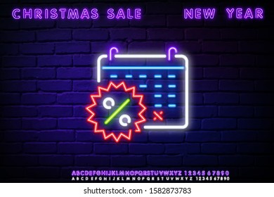 Calendar discounts line icon with percent sign. Neon laser lights. Sale shopping sign. Clearance symbol. Glow laser speech bubble. Banner badge with calendar discounts icon. Vector