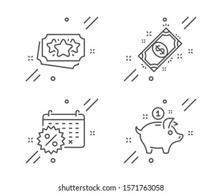 Calendar discounts, Payment and Loyalty points line icons set. Saving money sign. Shopping, Finance, Bonus coupon. Piggy bank. Finance set. Line calendar discounts outline icon. Vector