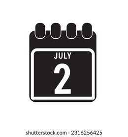 Calendar displaying day 2nd ( second ) of the July - Day 2 of month. illustration, vector