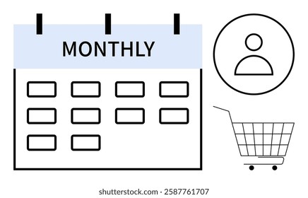 Calendar displaying monthly schedule, user profile icon in circle and shopping cart symbol. Ideal for planning, e-commerce, user interface design, online subscription services, personal organization