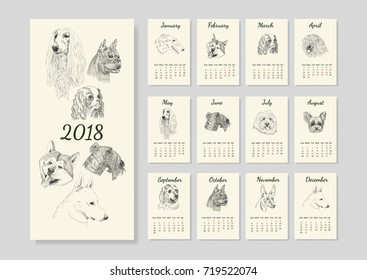 Calendar with dog breed sketches for year 2018. Calendar for 2018 with one dog breed for each month.