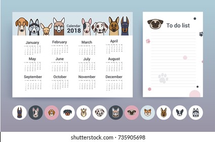 Calendar with dogs. Planner Template. Organizer and Schedule with Notes and To Do List. Vector. Isolated.