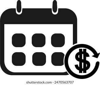 Calendar and dollar illustration with arrows circling dollars, depicting money depleted at the end of the month and refilled at the beginning of the month, flat vector